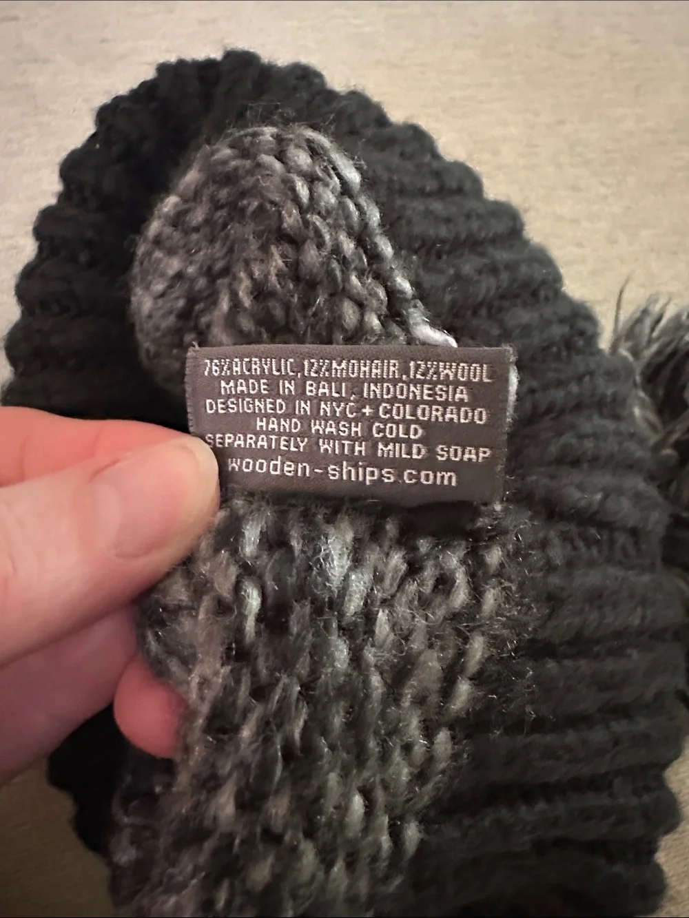 Wooden Ships Pom-Pom Beanie in Black and Gray